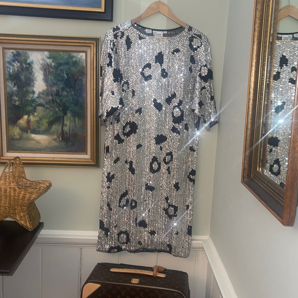 Vintage Sequin Silver Leopard Holiday Dress Size M Kenar Silk  Animal Print 80s